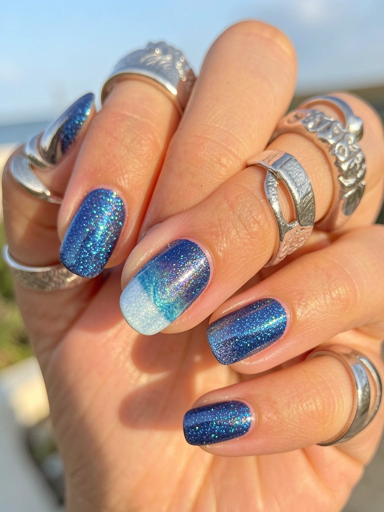 Mãos femininas com esmalte azul cintilante em degradê e anéis de prata, luz natural externa.