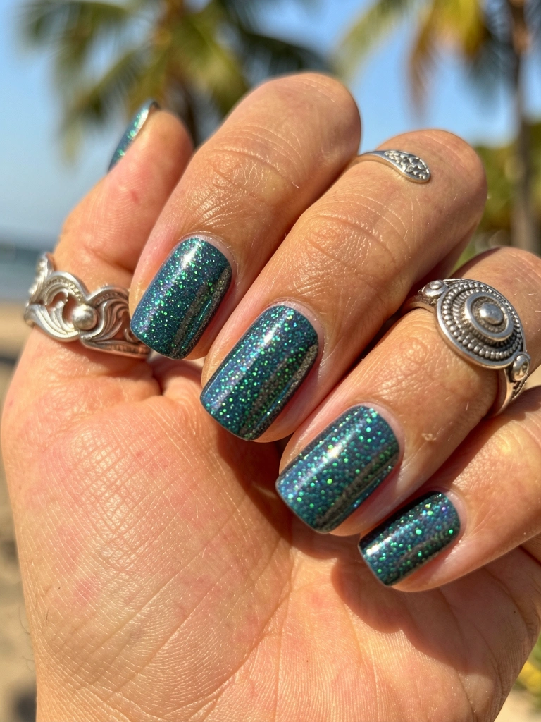 Mão feminina com esmalte azul-turquesa cintilante e anéis de prata detalhados, luz natural e fundo desfocado ao ar livre.