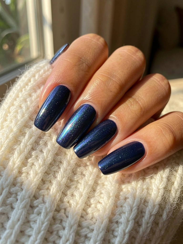 Cinco dedos com esmalte azul cintilante e iridescente repousando sobre um suéter branco de tricô, luz natural suave e fundo desfocado.