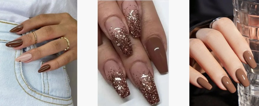 unha nude amarronzado com glitter
