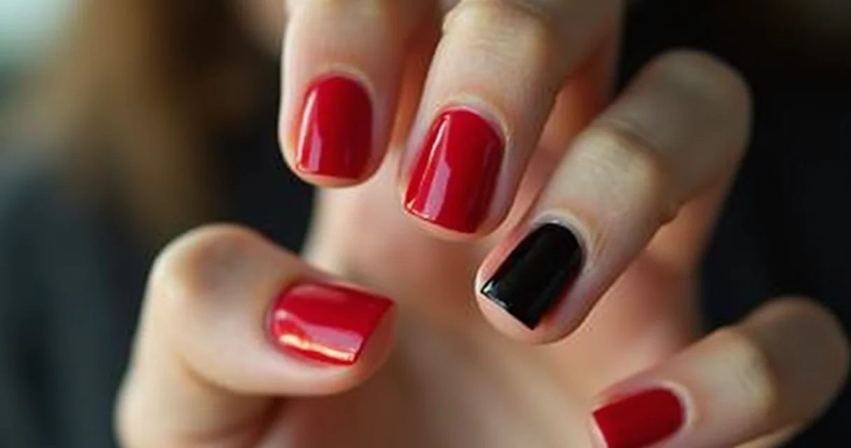 unha preta com detalhes vermelhos