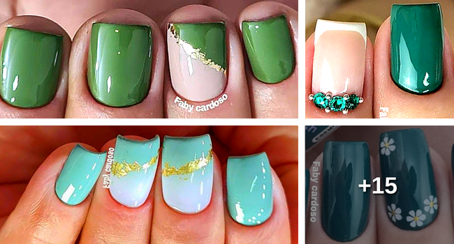 unhas curtas verde oliva decoradas
