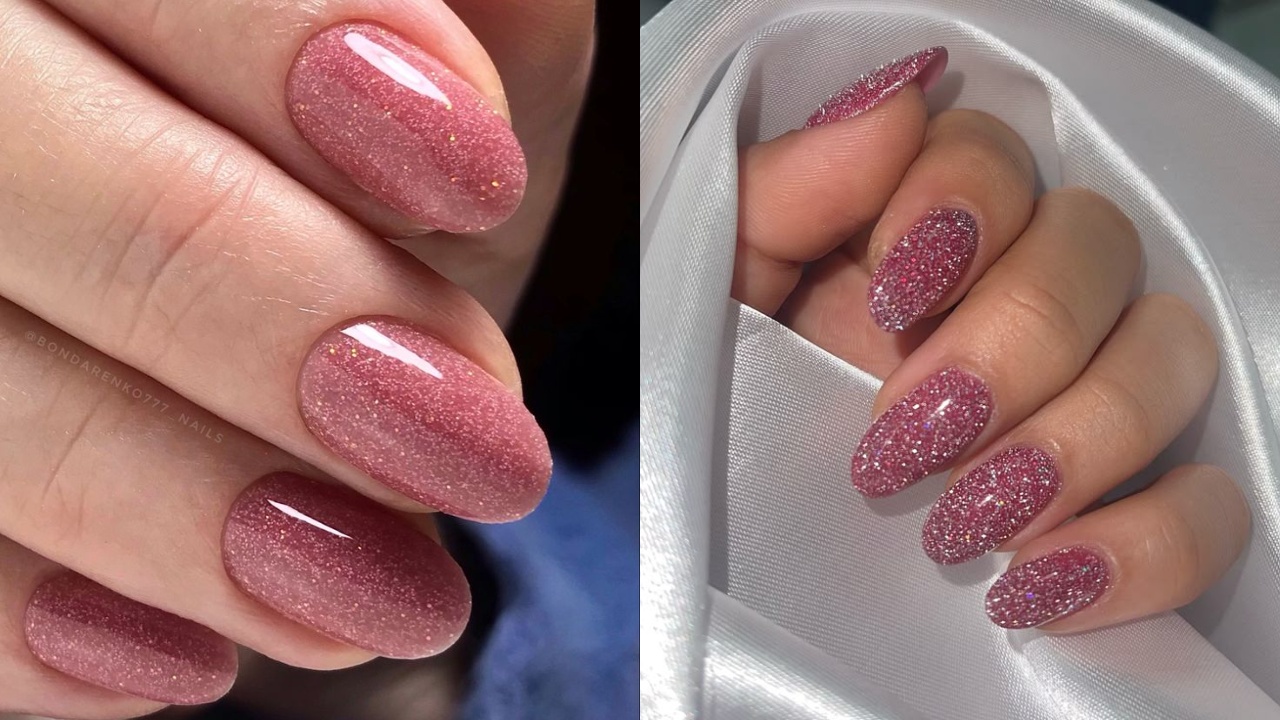 unhas em gel nude com glitter degradê