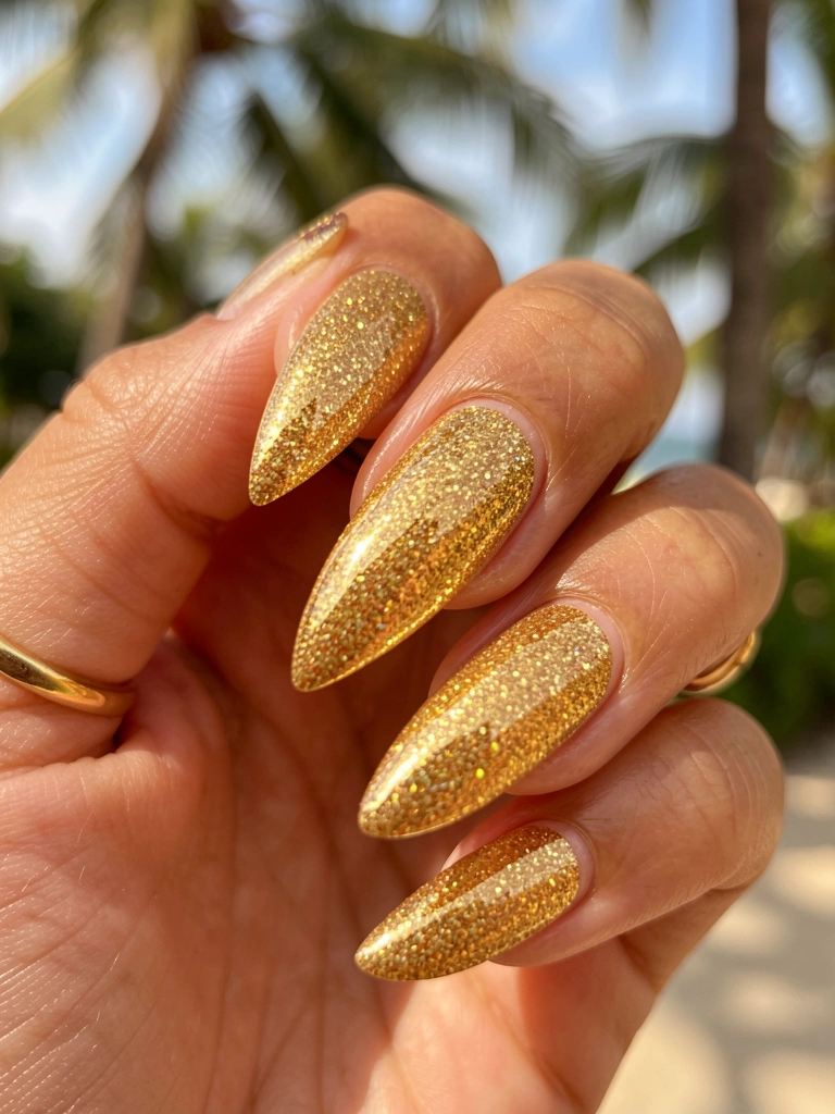 Close-up de unha comprida com esmalte dourado glitter, anel fino de ouro no dedo, luz natural suave e fundo desfocado.