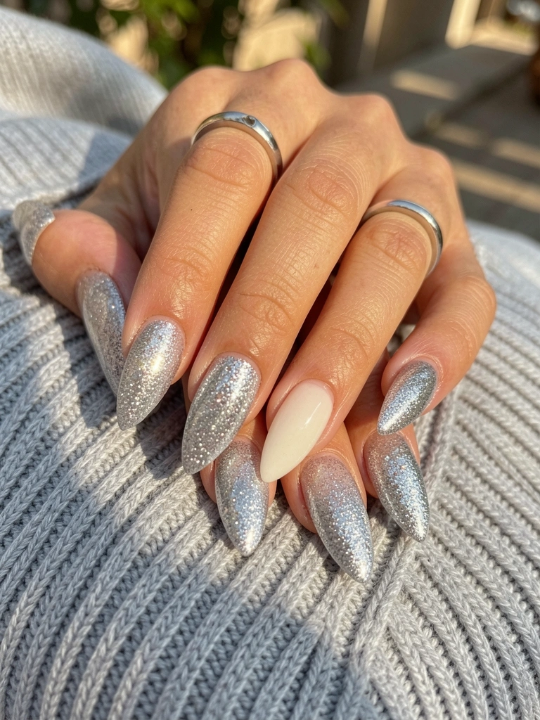 Close-up de mãos com unhas em gel prateadas e anel delicado sobre suéter de tricô cinza claro, luz natural suave.