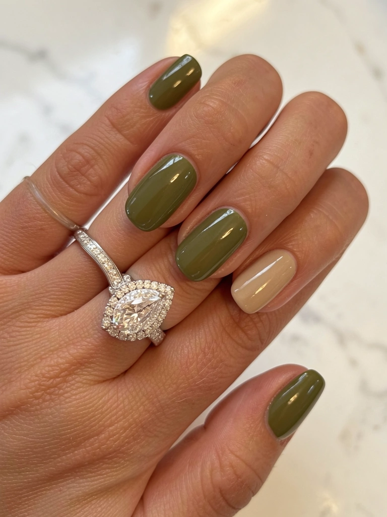 Close da mão feminina com esmalte verde oliva brilhante e anel de diamante em formato de pêra, luz natural suave e fundo de mármore branco desfocado.