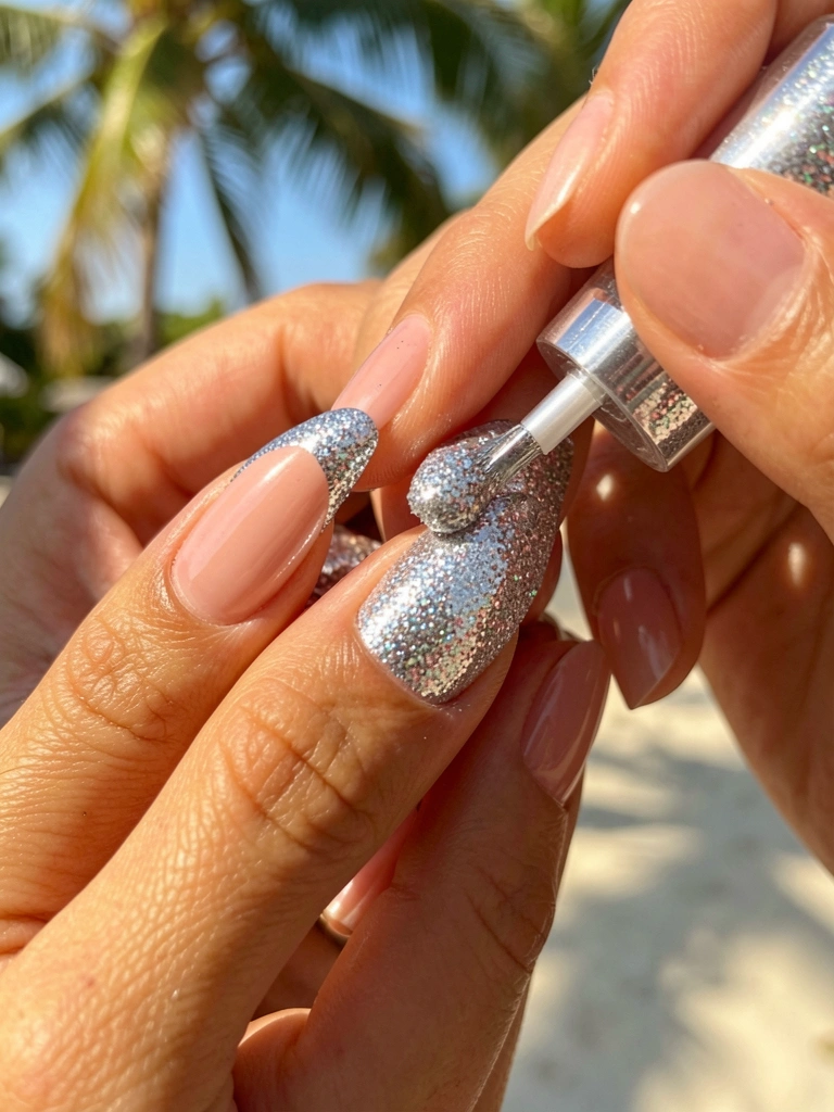 Close-up de mãos aplicando esmalte glitter prateado em unha nude-rosada, luz natural e fundo desfocado.
