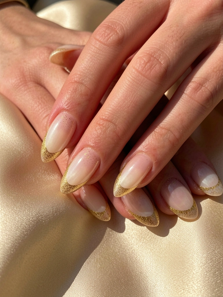 Mãos femininas com unhas compridas em gel nude, glitter dourado encapsulado na ponta, sobre cetim champanhe sob luz natural.