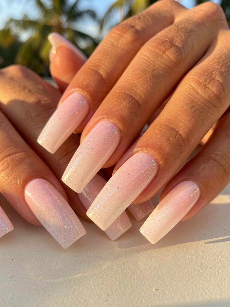 Close de unhas acrílicas quadradas com esmalte glitter iridescente em gradiente rosa e branco, efeito molhado, luz natural refletindo na superfície.