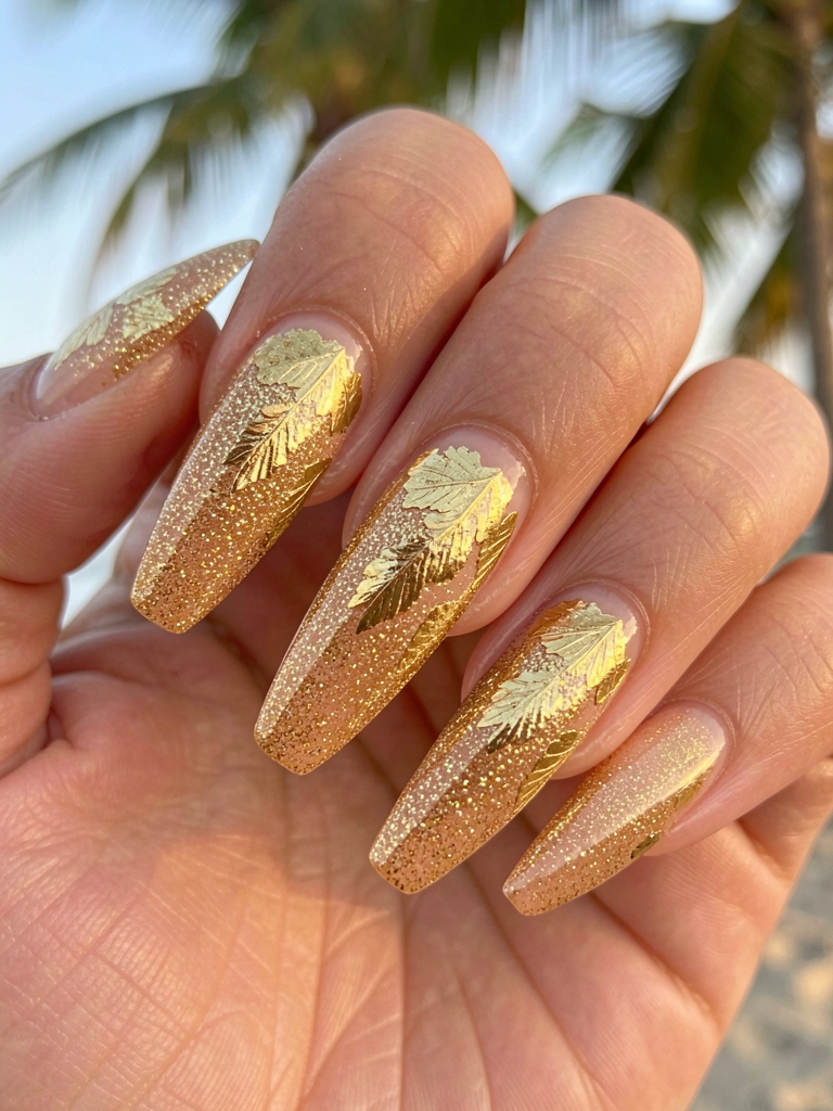 Close-up de mão com unhas alongadas em gel claro, cobertas por glitter dourado denso e folhas de ouro em gradiente, luz natural suave e fundo tropical desfocado.