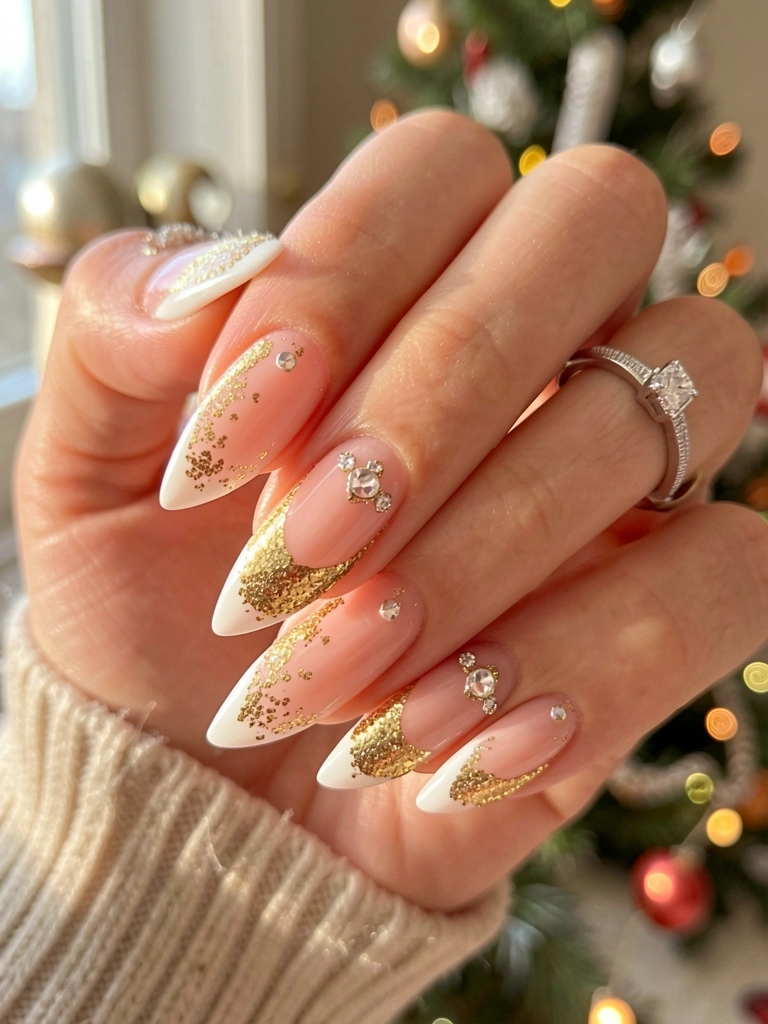 Mãos femininas com unhas em formato amendoado, esmalte nude e pontas brancas decoradas com glitter dourado e strass, anel de diamante, luz natural suave e fundo desfocado.