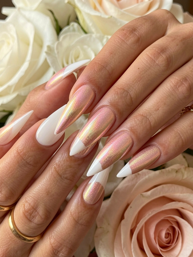 Close-up de mãos femininas com unhas postiças stiletto iridescentes em rosa, dourado e ponta branca, contra fundo desfocado de rosas brancas e blush, anel dourado sutil, luz natural suave.