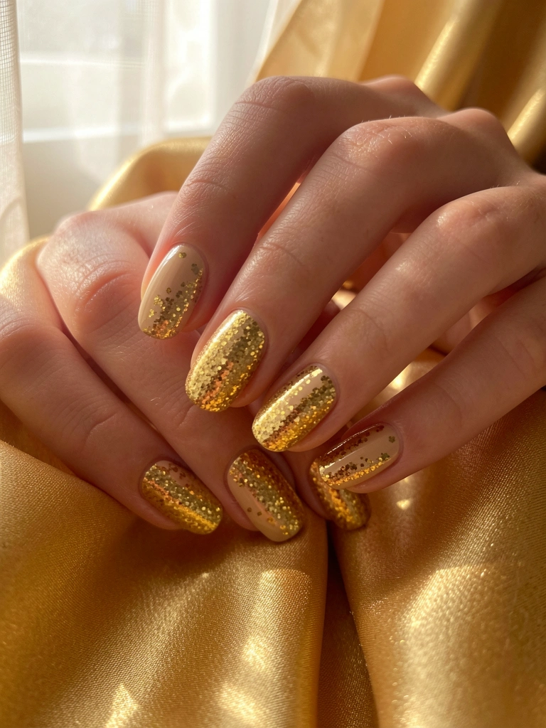 Mãos femininas com unhas bege e adesivos dourados brilhantes, fundo de tecido dourado iluminado por luz natural.