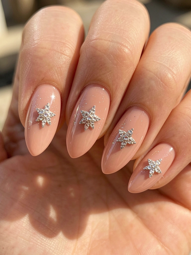 Cinco unhas com base nude oval, estrela central de glitter e strass prateados, luz natural refletindo no esmalte brilhante.