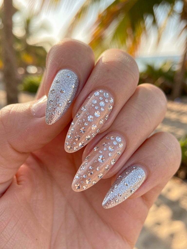 Close-up de unha decorada com esmalte nude e prata, pedras cintilantes aplicadas sobre a unha, luz natural destacando o brilho, fundo desfocado com tons quentes.