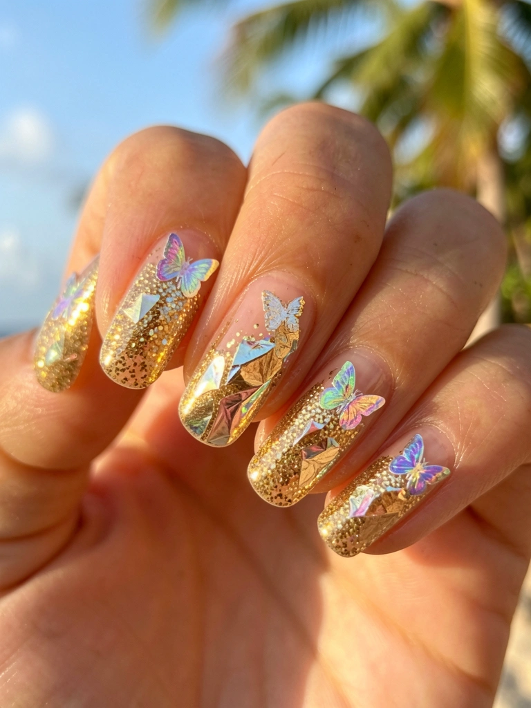 Unha nua com glitter dourado e holográfico sob gel brilhante, adesivos de borboleta iridescentes ao redor, luz natural de dia.