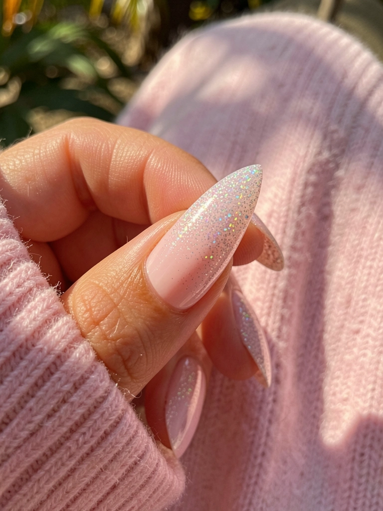 Mão segurando unha em formato amendoado com esmalte rosa claro e glitter holográfico, sobre fundo desfocado de suéter rosa claro, iluminado por luz natural.