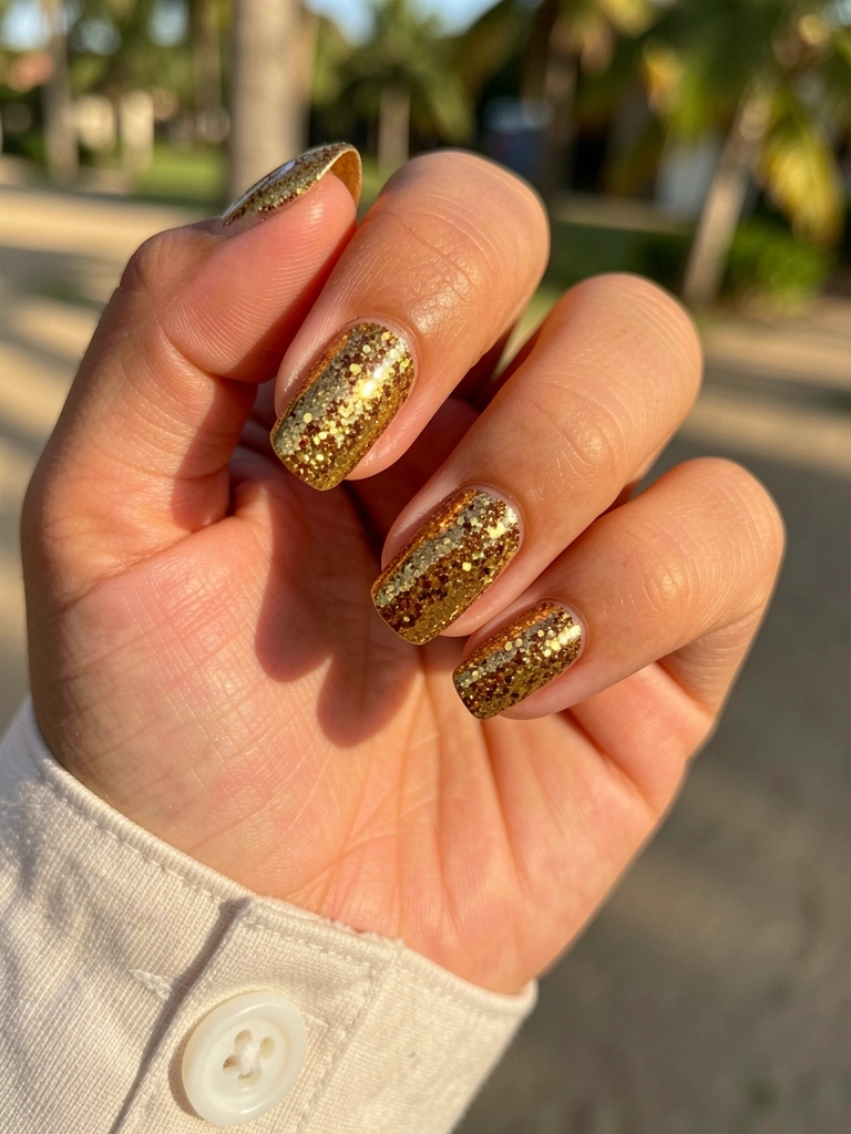 Mão feminina com esmalte glitter dourado e marrom, luz do sol refletindo, pele texturizada e botão branco na manga.