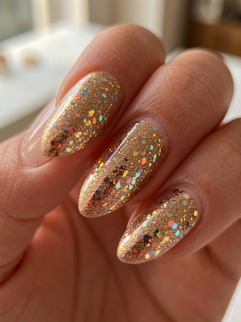 Mão com unha rosa claro coberta de glitter dourado e iridescente, luz natural suave e fundo desfocado de salão de beleza.