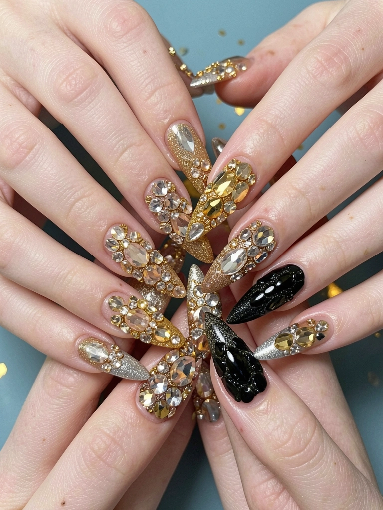 Mãos com unhas longas em gel preto, prata e dourado, cravejadas de cristais, contra fundo azul claro com reflexos dourados.