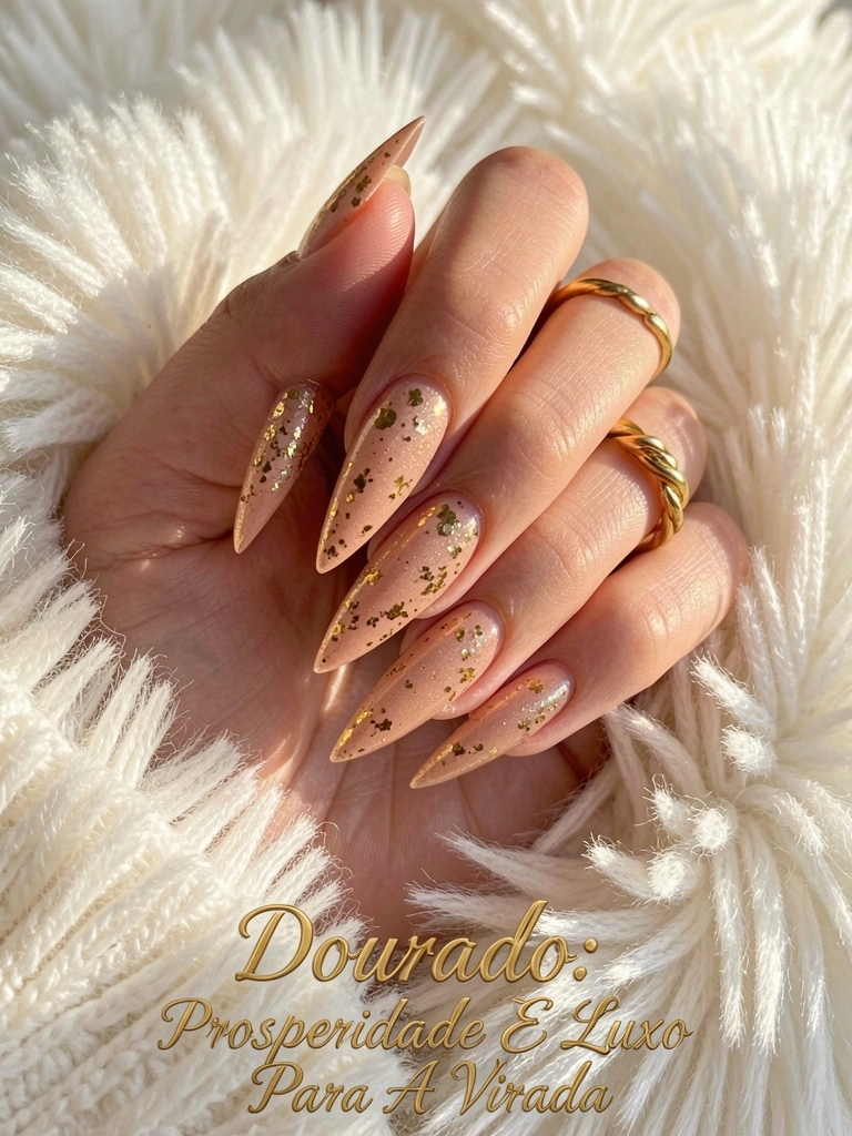 Mão com unhas amendoadas em esmalte pêssego-dourado com glitter, anel de ouro torcido no dedo anelar, sobre manta de pele branca felpuda sob luz natural quente.