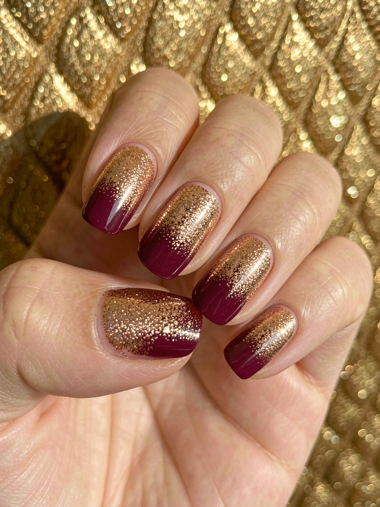 Mão com esmalte gradiente rosa-dourado e vinho, glitter na metade superior, fundo dourado texturizado com luz natural destacando brilhos.