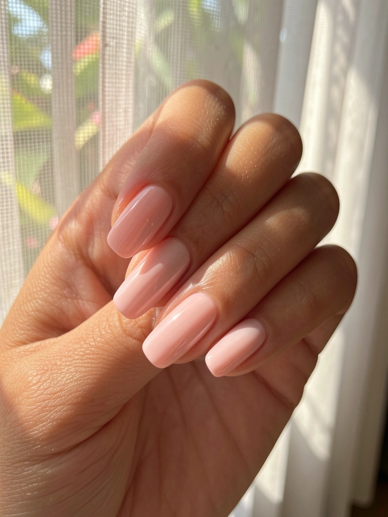 Mãos com unhas curtas de esmalte rosa claro e acabamento brilhante, luz natural difusa e fundo desfocado com cortina translúcida.