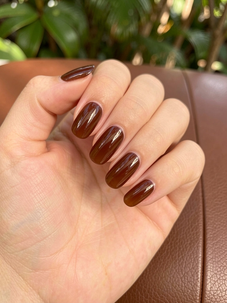 Mão feminina com unhas em gel marrom translúcido, superfície brilhante refletindo luz, sobre couro marrom, fundo com folhagem desfocada.