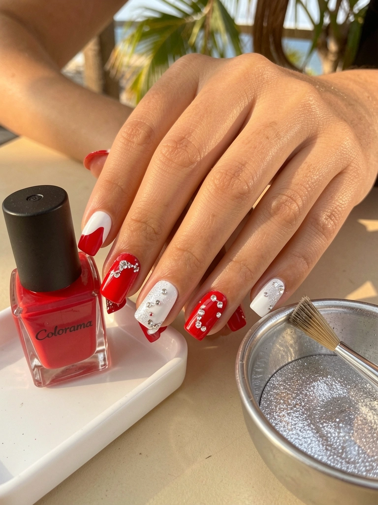 Close-up de mãos femininas com unhas vermelhas e brancas decoradas com glitter e strass, ao lado de esmalte Colorama, pincel e tigela de glitter sobre superfície bege iluminada por luz natural.