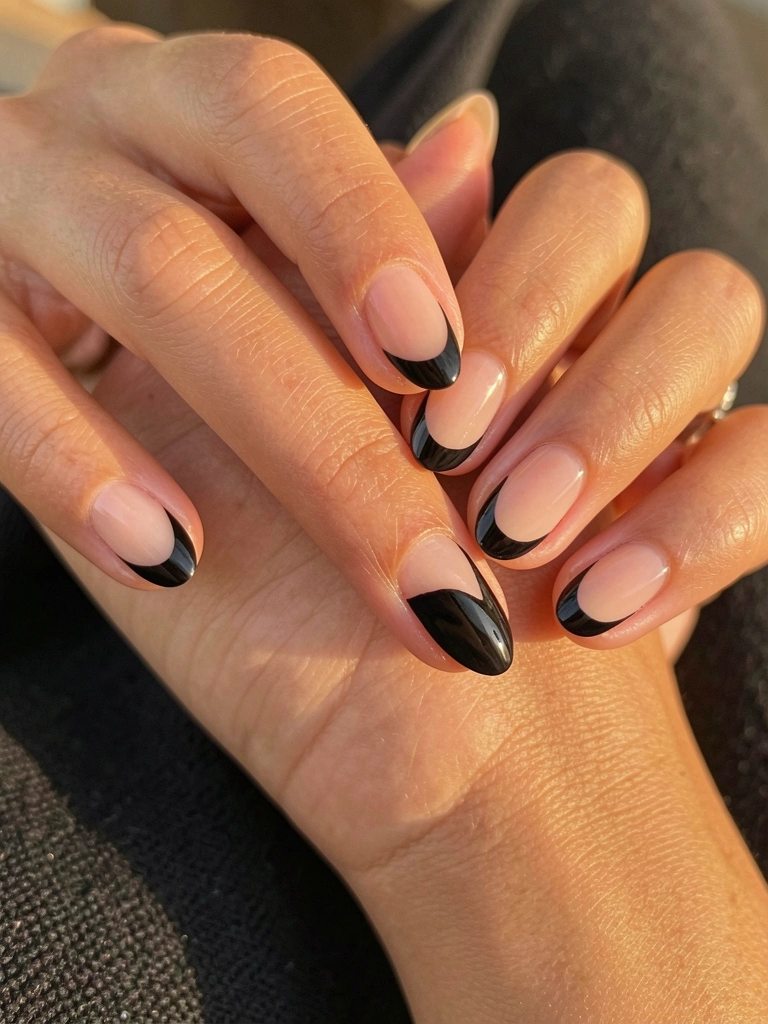 Close-up de mãos femininas com unhas ovais em esmalte nude e preto, contorno preto definido, pele texturizada sob luz dourada, tecido escuro ao fundo.