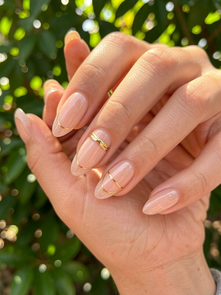 Mãos femininas com esmalte nude e linhas douradas em unhas francesas, luz natural suave e fundo desfocado de folhagens verdes