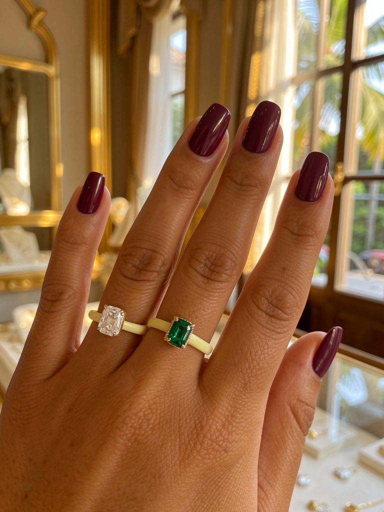 Mão feminina com unhas curtas vinho acetinadas e anel de ouro amarelo claro com diamante lapidação esmeralda, luz natural suave e fundo desfocado com detalhes dourados.