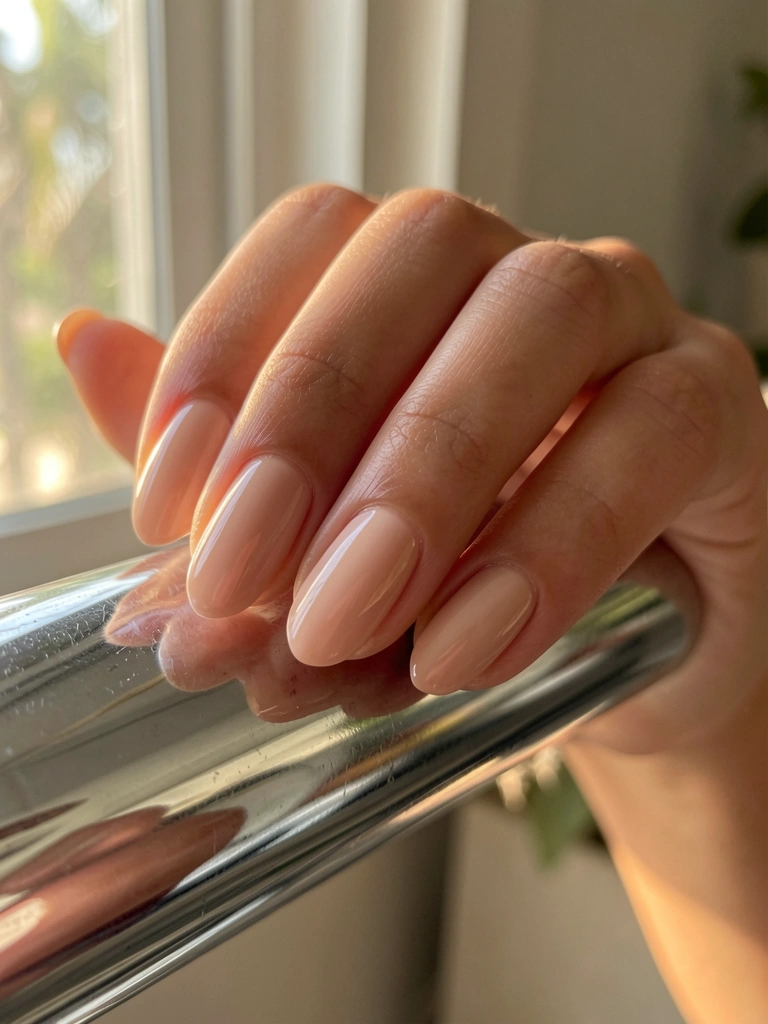 Mão feminina com unhas nude acetinadas sobre barra de cromo polido, luz natural difusa e fundo desfocado.