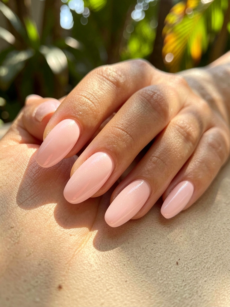 Mão nua com unhas rosa-claro brilhantes sobre superfície neutra, luz solar filtrada por folhas ao fundo.