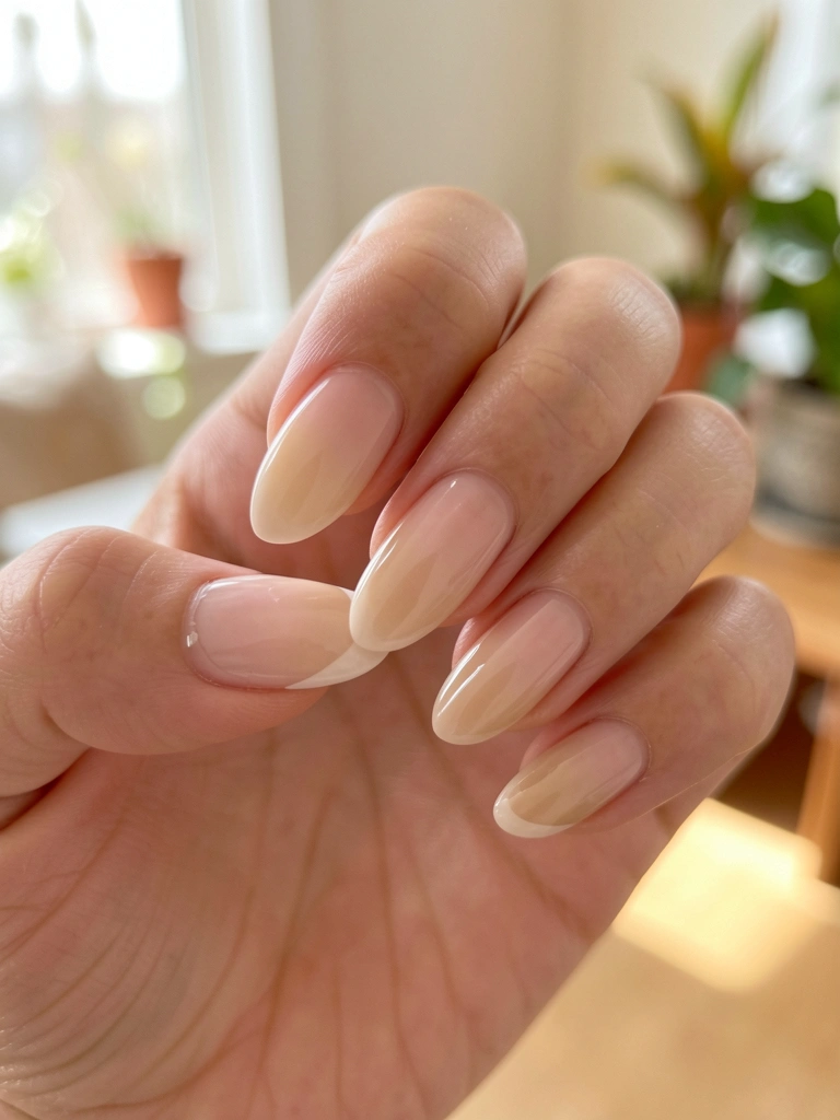 Mão com unhas ovais em ombré nude a bege cremoso, ponta francesa sutil, luz natural difusa e fundo desfocado claro.