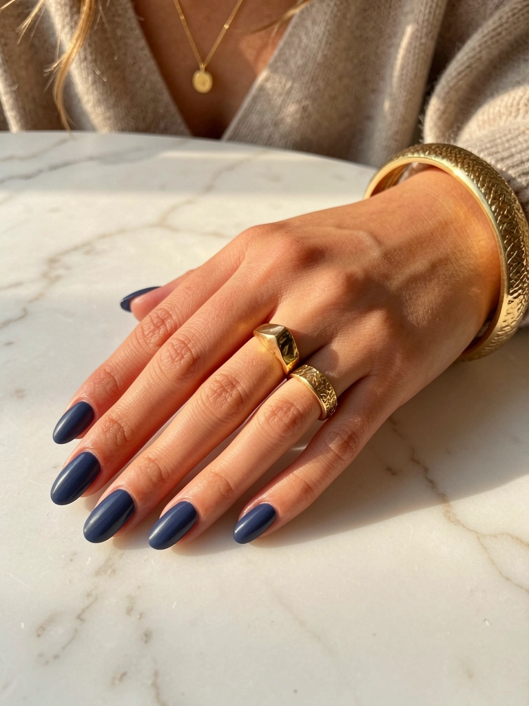 Mão feminina com esmalte azul escuro exibindo anel de sinete dourado, pulseira texturizada e colar com pingente, sobre mármore branco iluminado por luz natural.