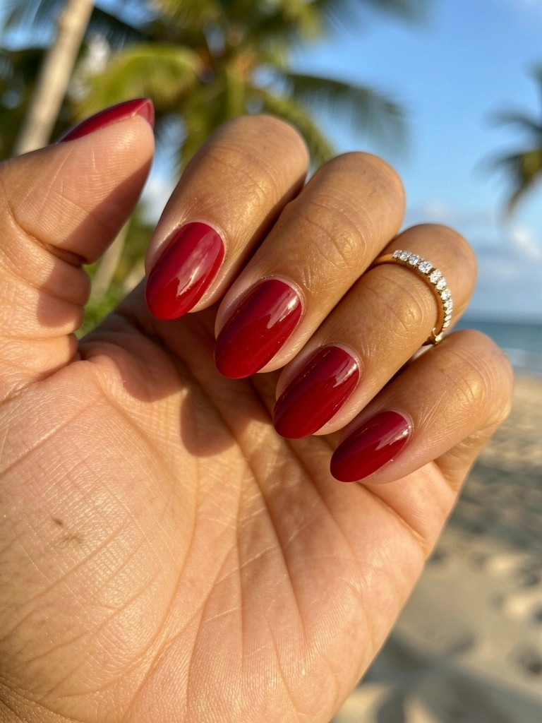 Mão feminina com unhas vermelhas brilhantes e anel de ouro com diamantes, luz natural, foco macro.