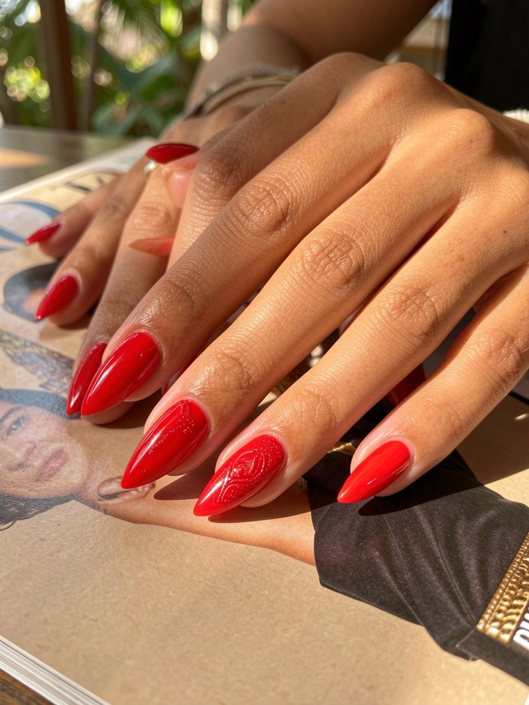 Mãos femininas com esmalte vermelho vibrante e detalhes brilhantes sobre revista de moda, luz natural e fundo desfocado.