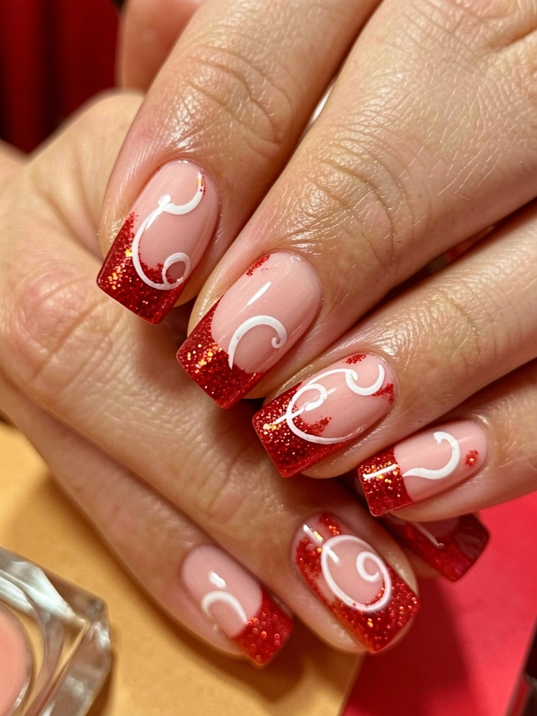 Mãos com unhas quadradas em base rosa, pontas com glitter vermelho denso e detalhe branco em swirl, fundo desfocado avermelhado.