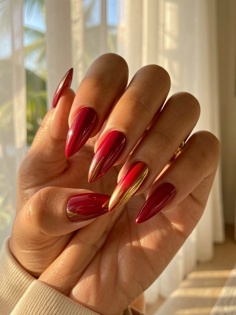 Mãos femininas com unhas vermelhas amendoadas e brilho intenso, luz natural filtrada por cortinas, fundo desfocado claro.