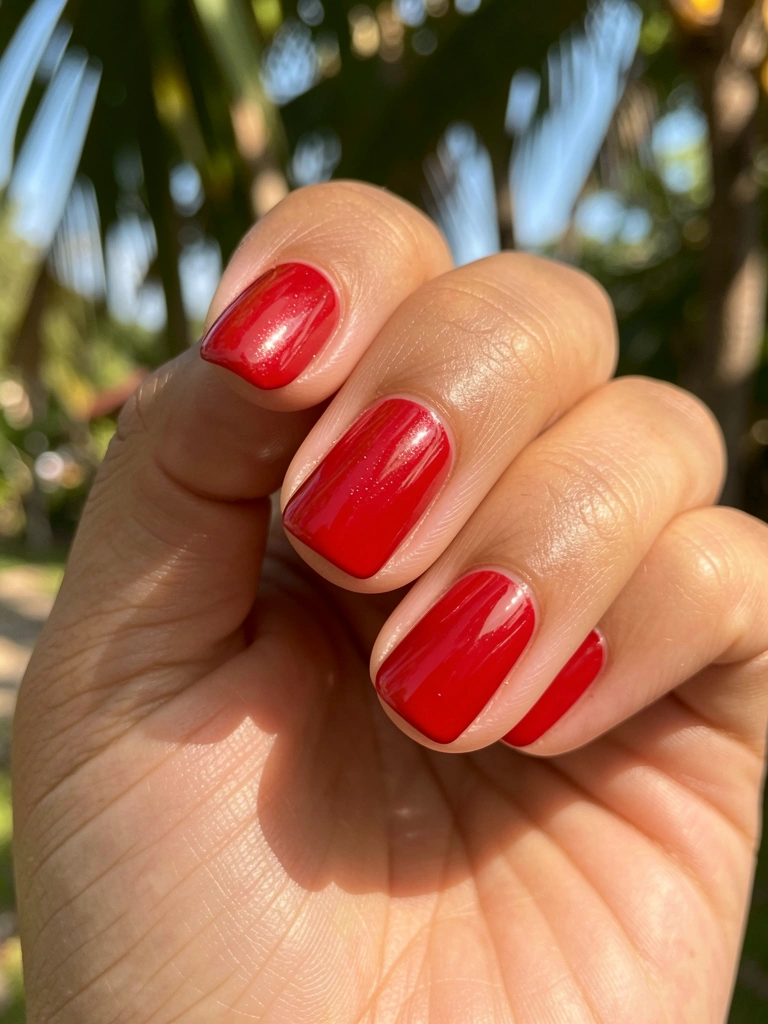 Close-up de unha vermelha vibrante e brilhante, mão feminina com pele macia e veias delicadas, fundo desfocado com folhagens e luz solar tropical.