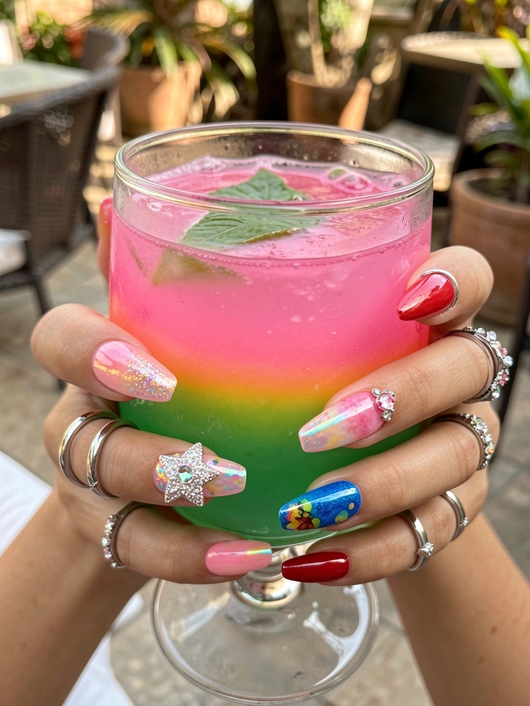 Mãos femininas seguem copo de coquetel tropical com líquido rosa e verde, unhas decoradas com acrílicos coloridos e brilhos, fundo de pátio desfocado com luz natural.
