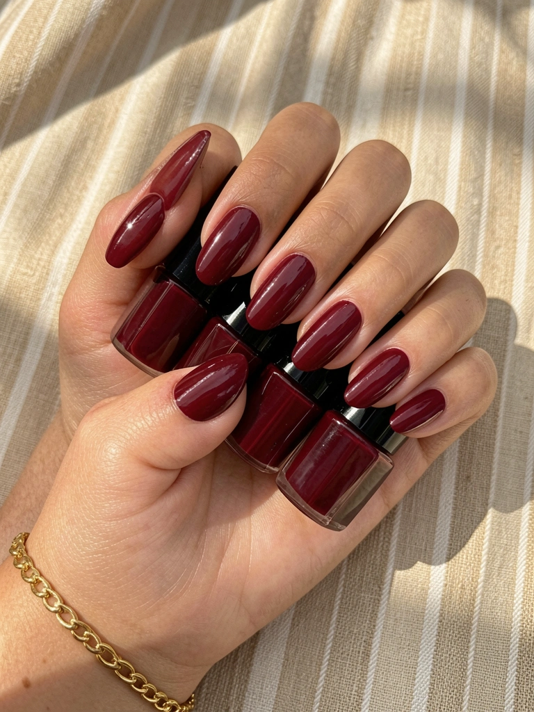 Mãos femininas com unhas vermelho-escuro brilhantes em grid, pulseira de ouro no pulso, fundo bege texturizado com listras verticais.