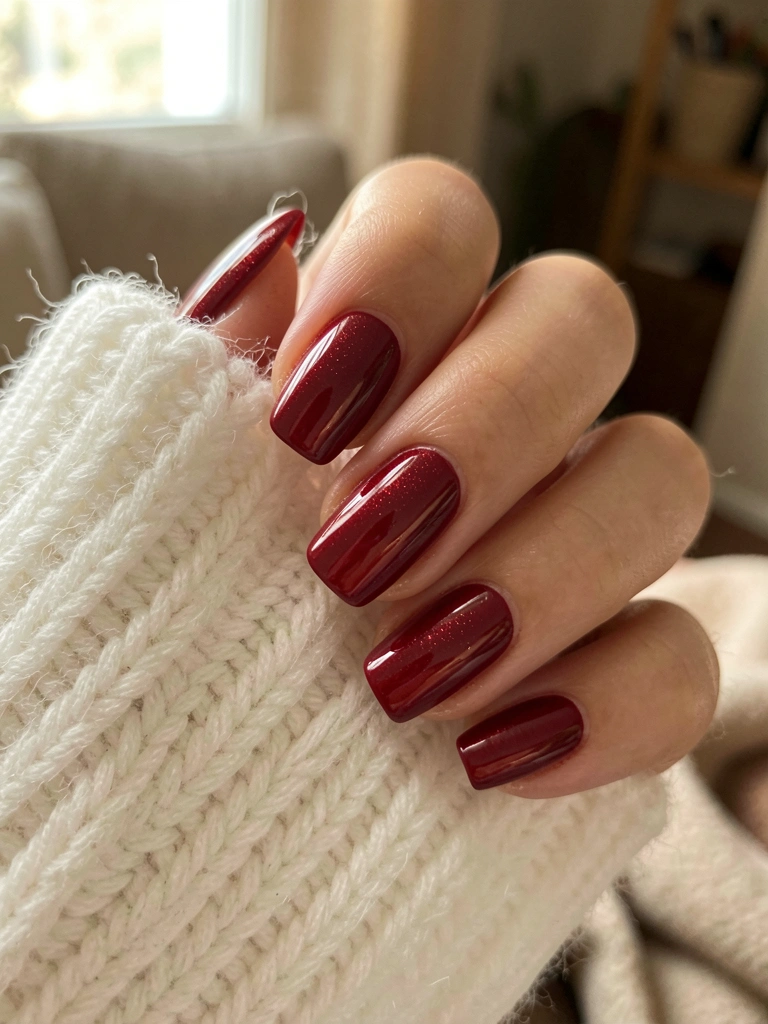 Mão feminina com esmalte vermelho intenso e brilhante, refletindo luz, sobre manga de suéter branco oversized, fundo desfocado e iluminação natural suave.