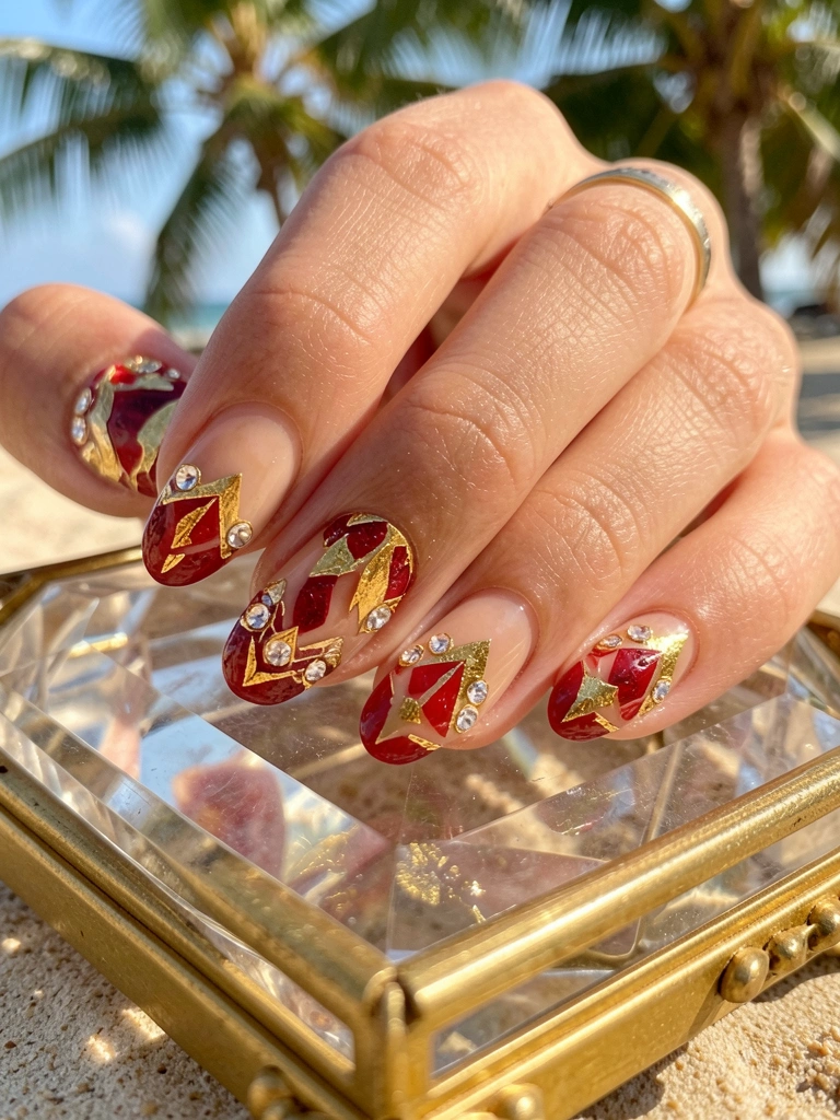 Mãos femininas com unhas vermelhas e detalhes em ouro sobre superfície de cristal com moldura dourada, luz natural.