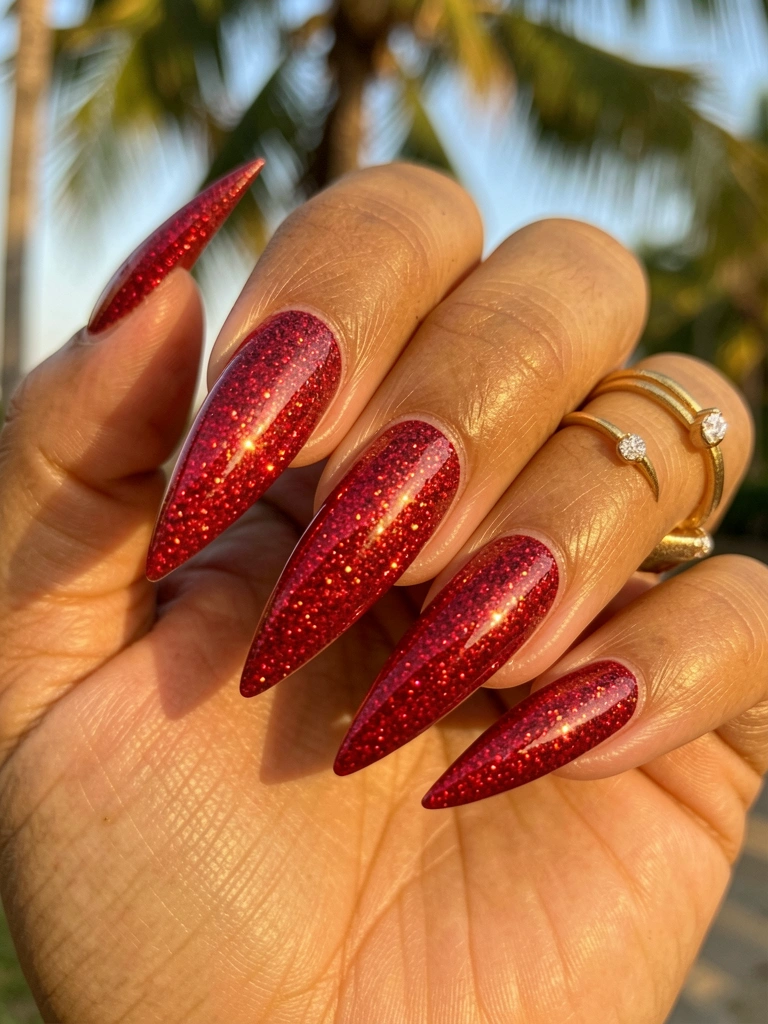 Mão feminina com unhas vermelhas brilhantes e glitter, anel de ouro delicado, luz natural quente e fundo tropical desfocado.