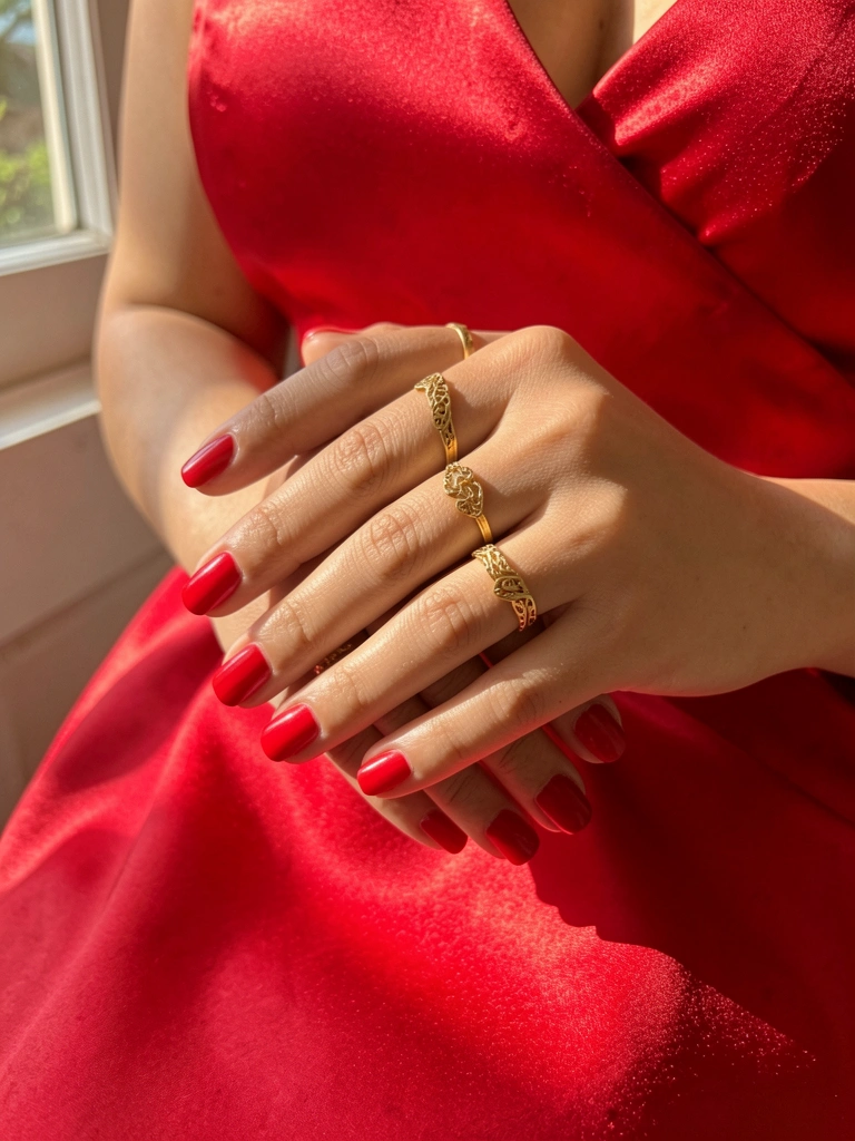 Mãos femininas com unhas vermelhas e anéis de ouro sobre vestido de cetim vermelho, luz natural de janela.