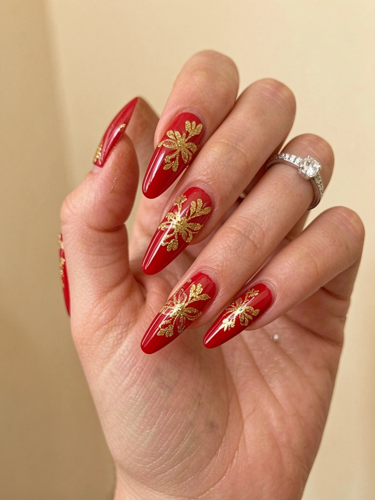 Mão com unhas vermelhas brilhantes e glitter dourado em padrão floral, anel de diamante solitário no dedo anelar, fundo bege desfocado.