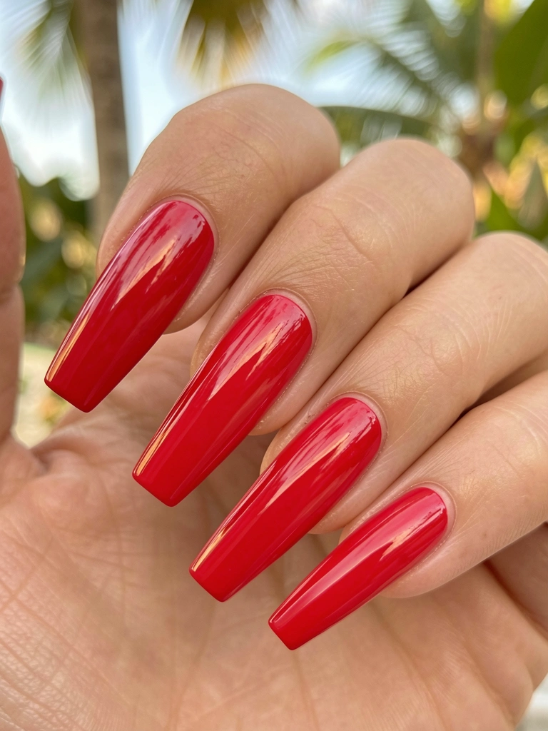 Unhas longas e quadradas pintadas de vermelho vibrante com brilho intenso, posicionadas na diagonal, luz natural suave e folhagem tropical ao fundo.
