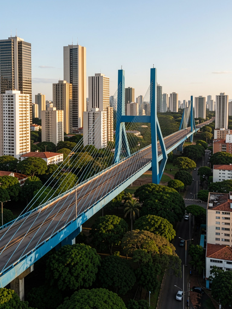 Ponte JK azul com cabos de aço contra prédios altos e árvores verdes em Brasília, luz natural do dia projetando sombras longas.
